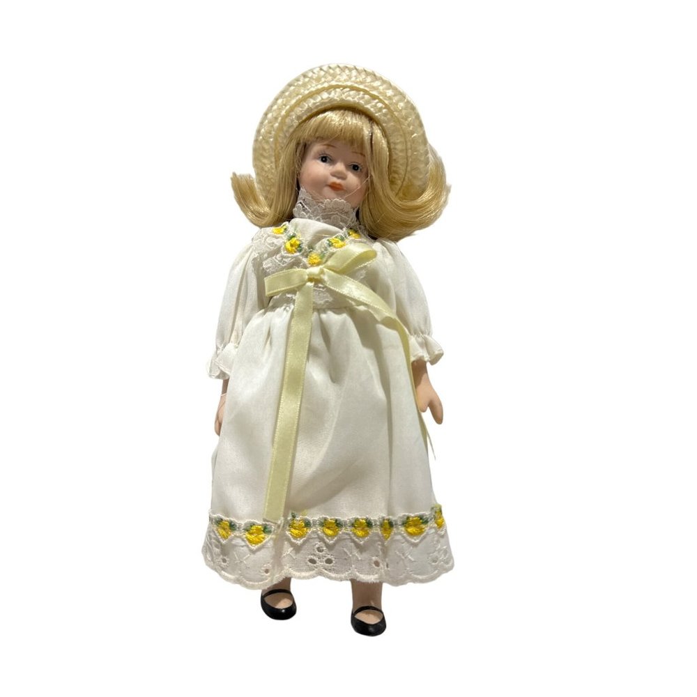8 inch Porcelain Doll Soft Body Victorian Lacy Dress Yellow Straw Hat